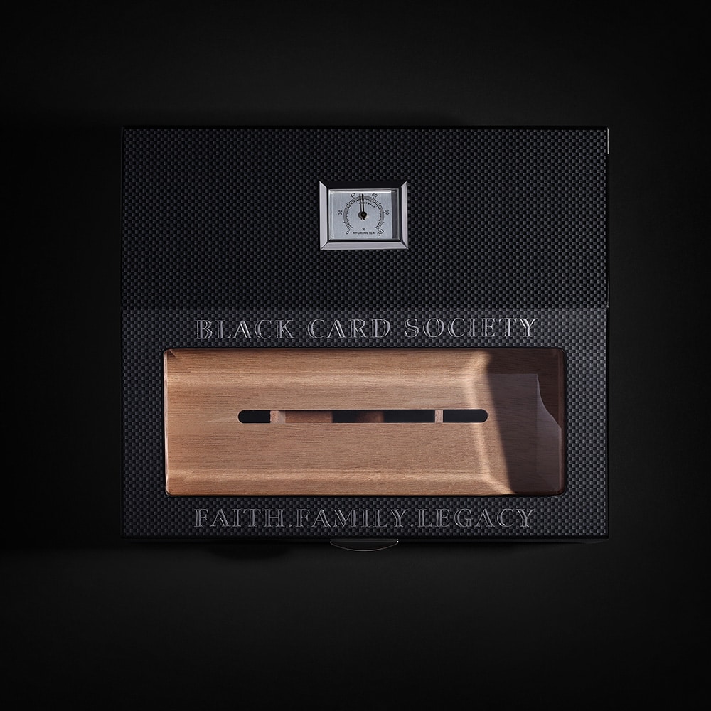 Custom Black Card Society Handcrafted Carbon Fiber Cedar Wood Humidor w/ Analog Hygrometer